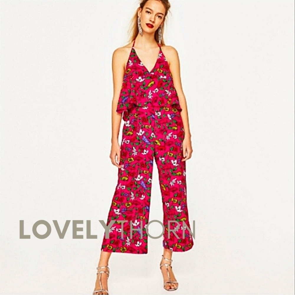 ZARA // hot pink floral halter open back jumpsuit - Picture 1 of 8
